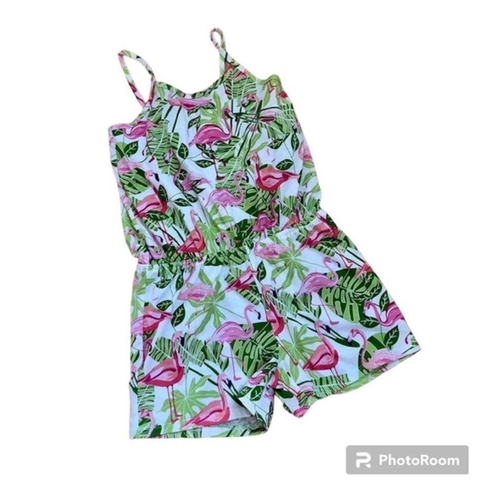 The Children's Place Large Pink Green Flamingo Romper NWT Soft cotton vacation